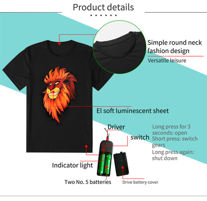 Çift LED Yanıp Sönen Aslan Desenli T Shirt Unisex %100 Pamuk